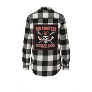 Upcycled Foo Fighters Flannel – Black & White Buffalo Plaid Fenway Park Patch